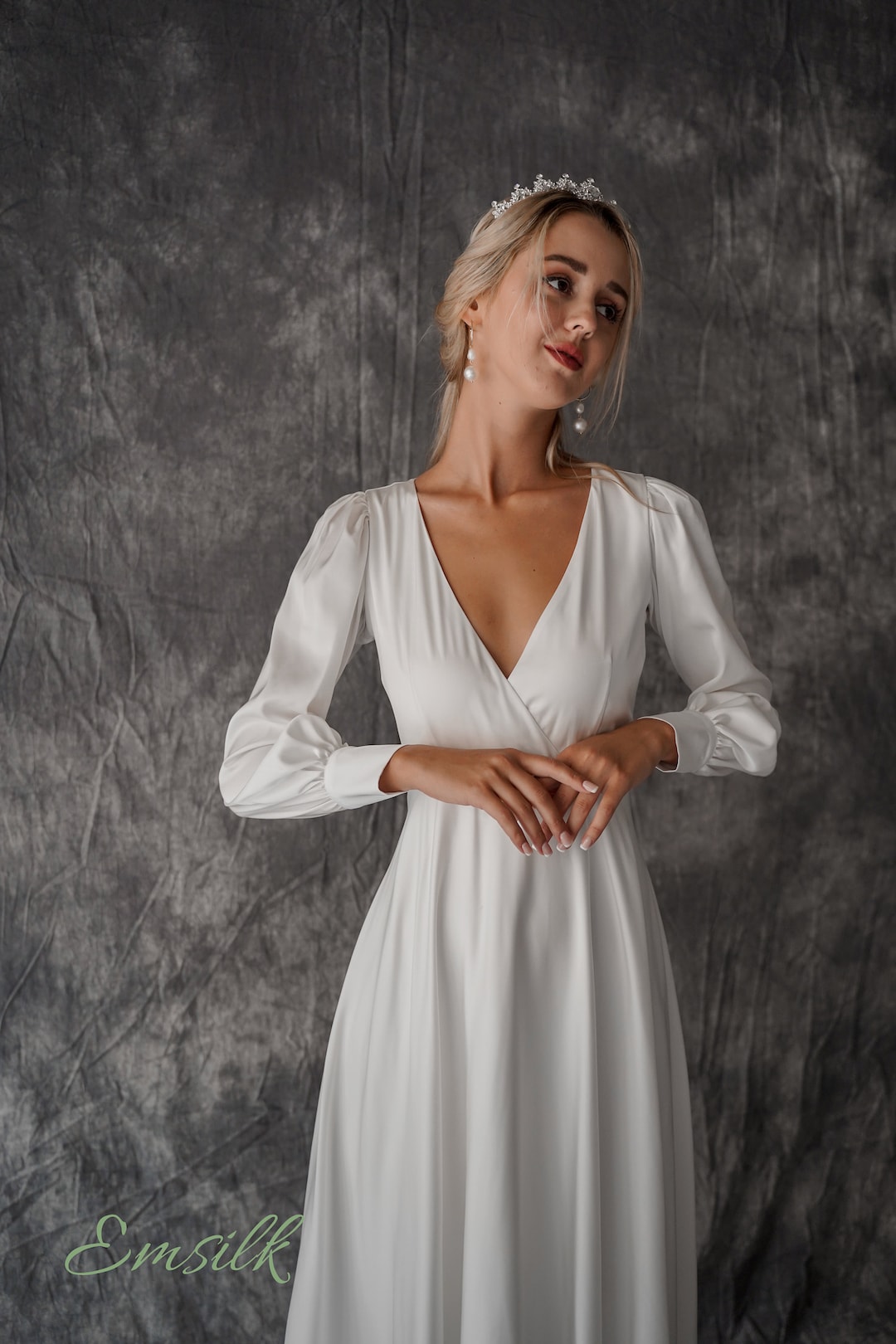 Minimalist Wedding Dress Long Sleeves/wrapped 100% Silk 