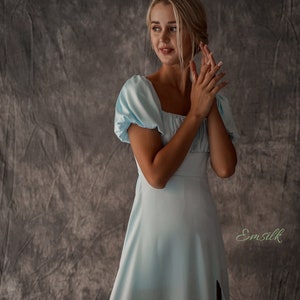 Pale blue puffed sleeves 100% silk dress/flare dress/front slit/bridesmaid dress/midi silk dress/women dress/puffed sleeves detail image 7