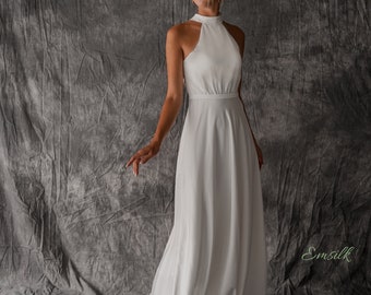 Minimalist wedding dress halter neckline/ gathered on waist 100% silk dress/long silk dress/simple wedding dress/wedding ceremony dress