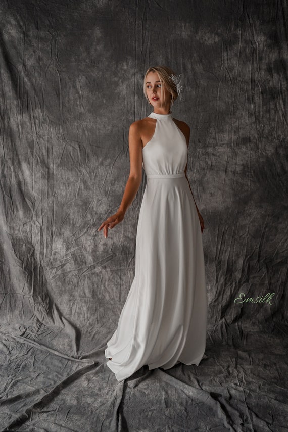 Minimalist Wedding Dress Halter Neckline/ Gathered on Waist 100