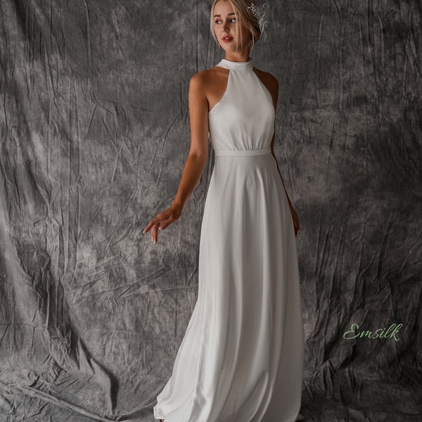 Minimalistisches Hochzeitskleid mit Neckholder-Ausschnitt/gerafftes Kleid aus 100 % Seide in der Taille/langes Seidenkleid/einfaches Hochzeitskleid/Hochzeitszeremoniekleid