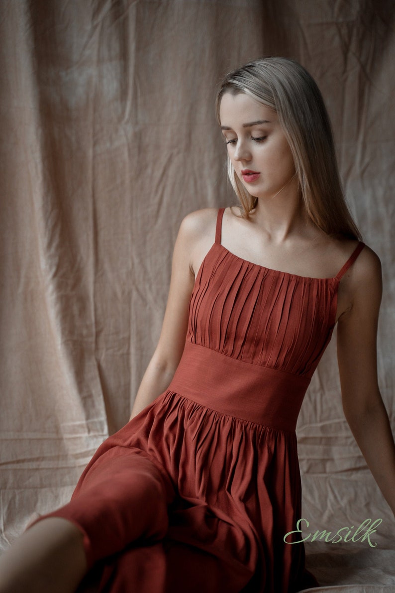 Rust Orange pleated Linen dress /linen summer dress/ Washed and soft linen dress/Apron style dress/Linen Tea dress/copper linen dress image 1