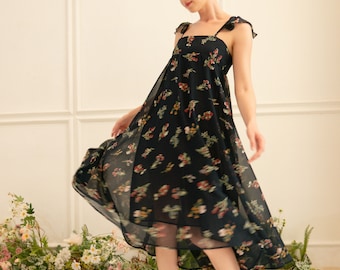 Navy Floral Chiffon Summer Dress: Ruffle Sleeves, High Low Hem