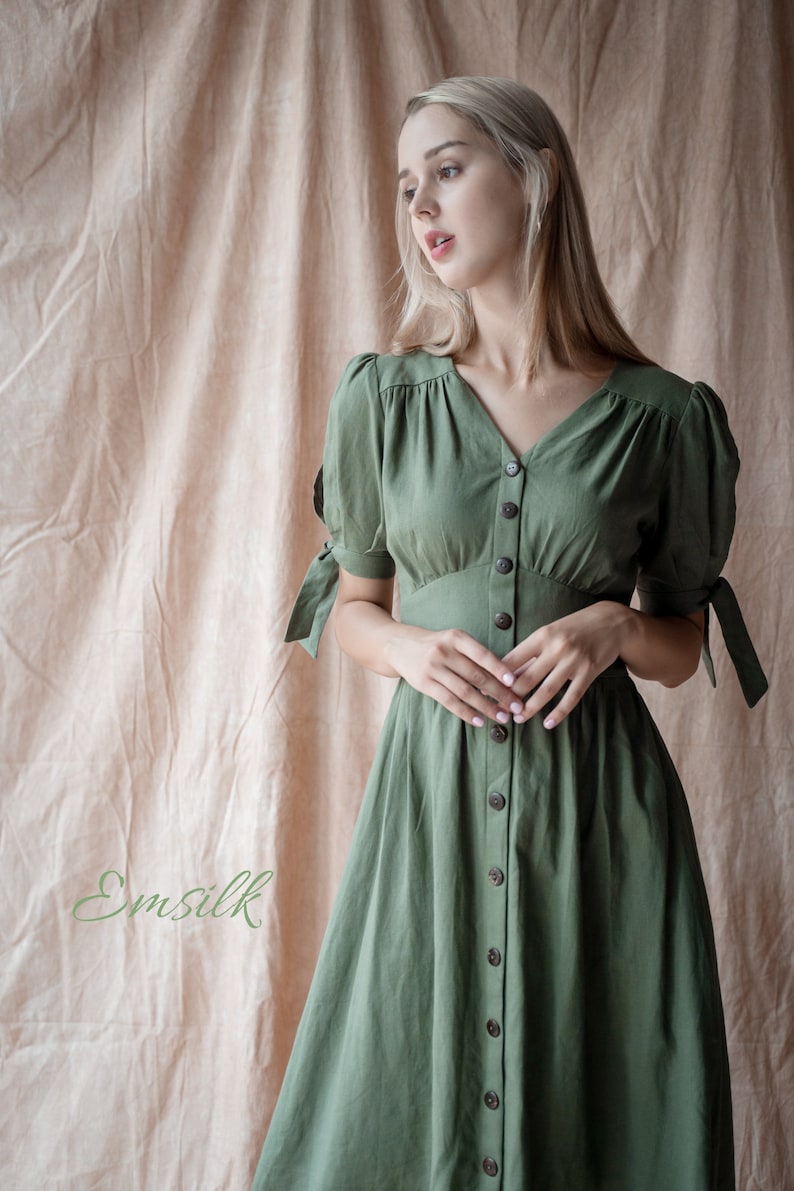 Olive Green Midi Linen Dress With Front Buttons /pleated on - Etsy