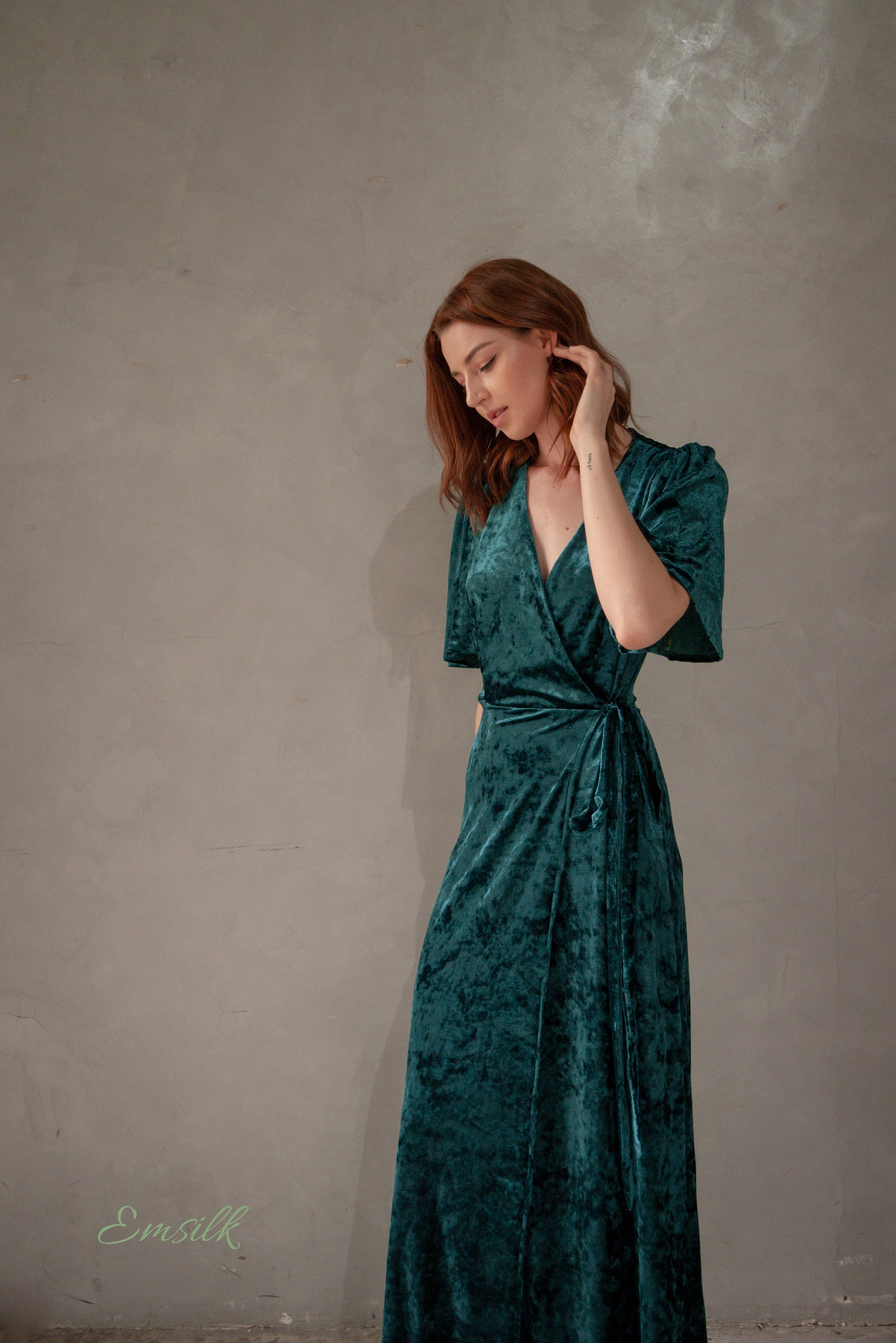 emerald green v neck dress Popular V-neck Emerald Green Velvet Long Cheap Custom Bridesmaid Dresses,  MRB0246 main image 1