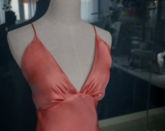 100 percent pure silk Coral Silk Slip Dress: Handmade 100% Mulberry Silk, Deep V Neck