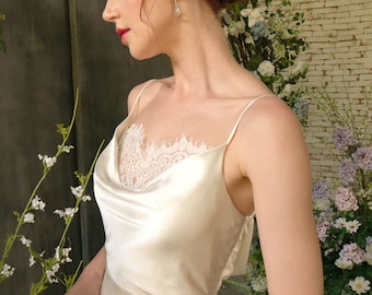 100 percent pure silk Ivory Silk Wedding Dress: Handmade Lace Cowl Neck Backless Gown