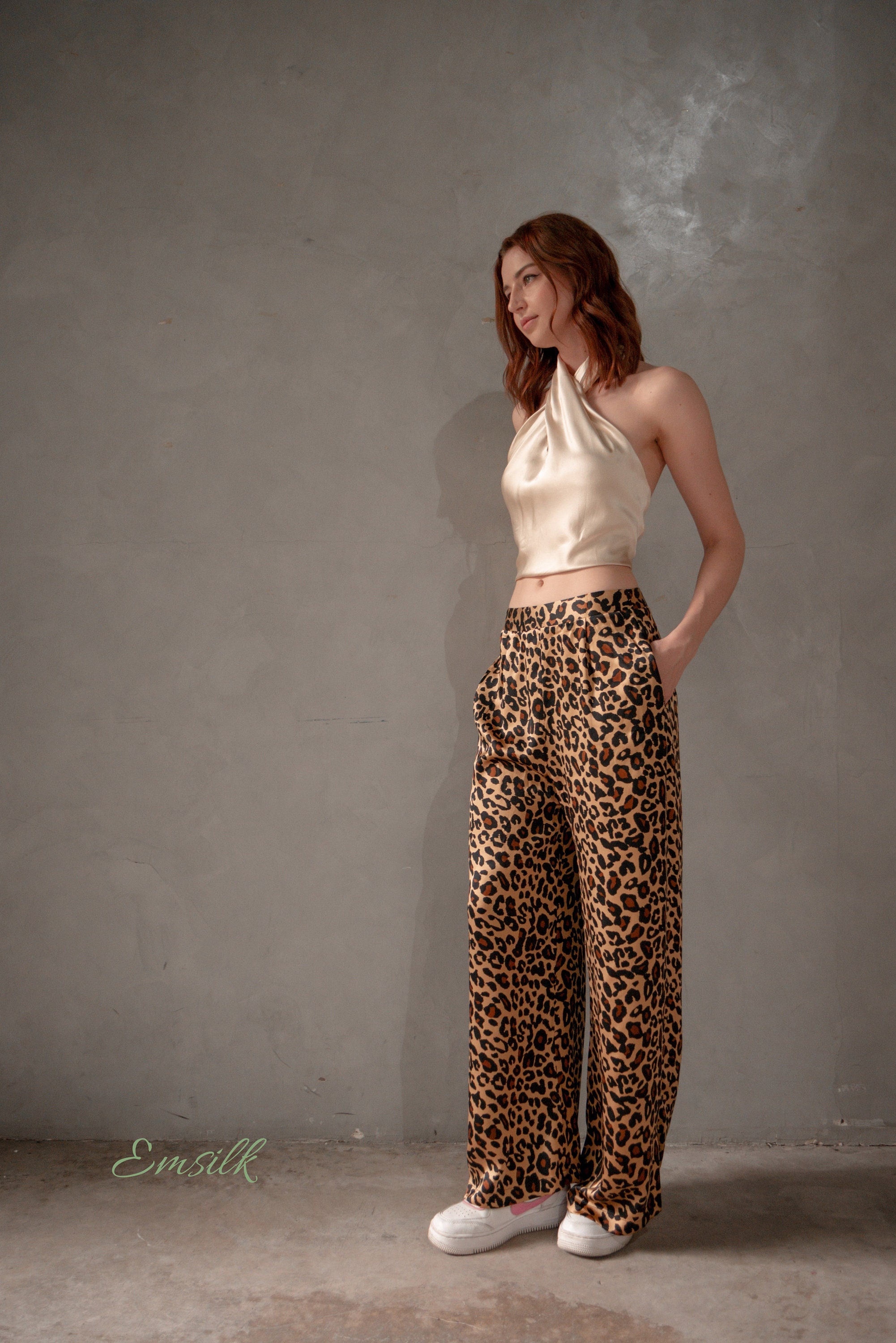 Leopard Print 100% Pure Silk Pants/high Waist Pants/fall Outfit