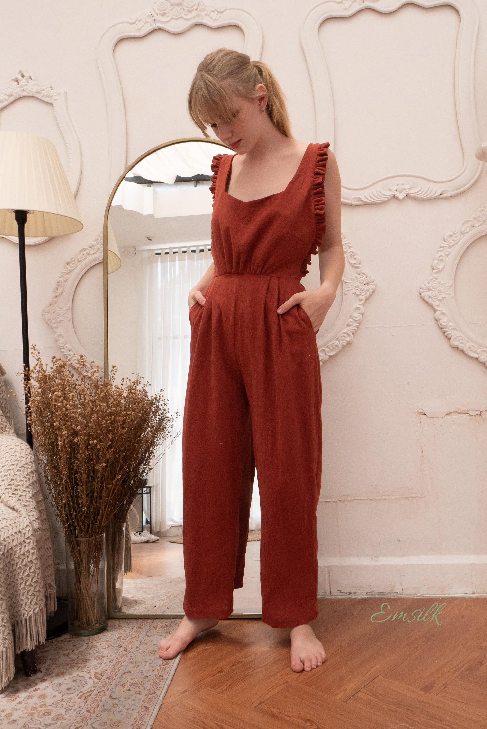 Rust Orange Linen Apron Jumpsuit /linen Summer Romper/ Washed - Etsy