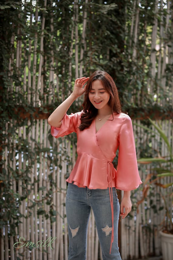 Coral Pink 100% Silk Top/wrap Top/kimono Sleeves/women Silk Top/wrap Neck  Top/summer Silk Top/wrap Shirt/blouse for Women/casual Shirt - Etsy