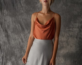 100% Silk Set/ Copper Cowl Neck Top and Sliver Silk Slip