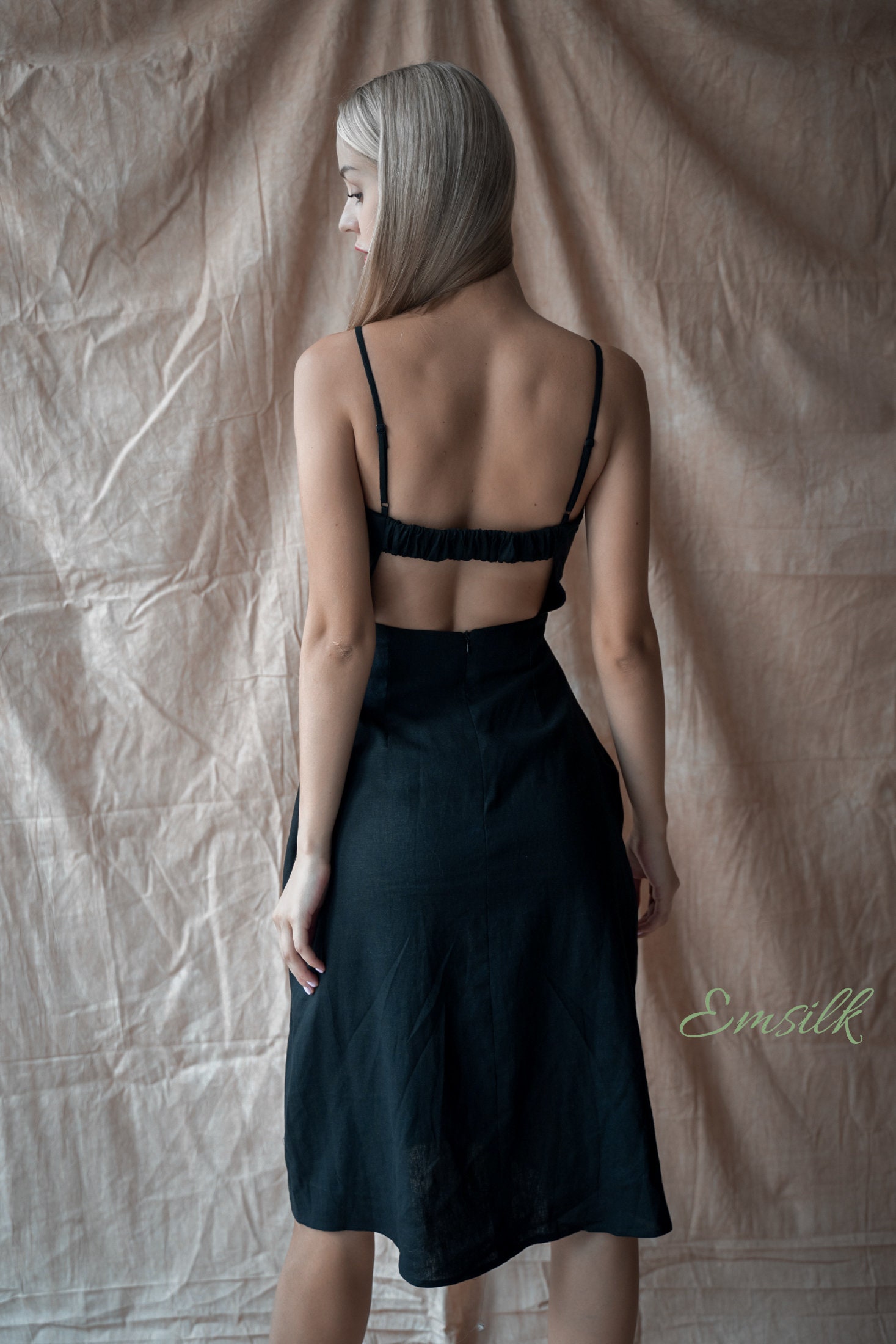 Black Linen Backless Dress: Handmade Summer Tea Dress