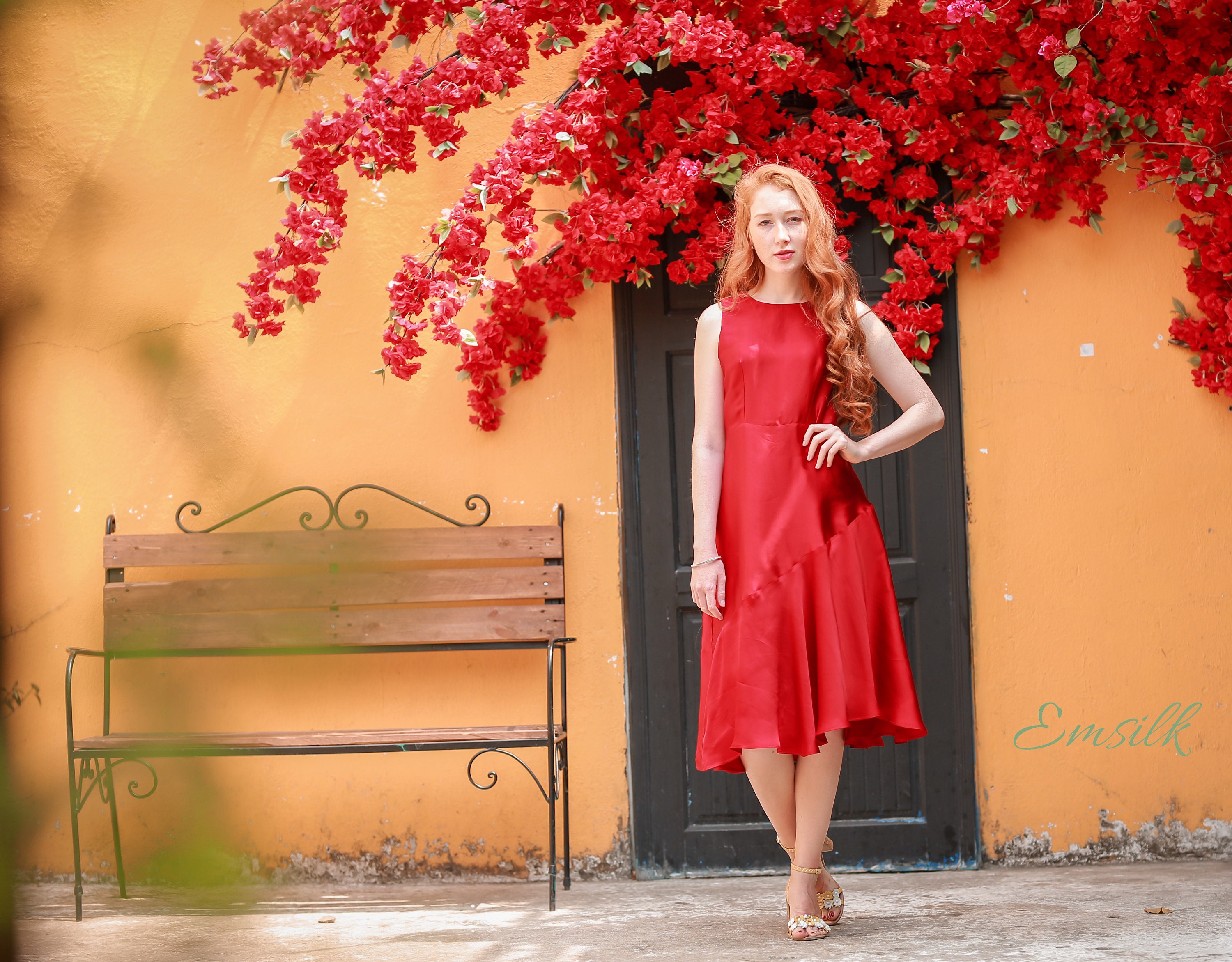 100 Percent Pure Silk Red Mulberry Silk Party Dress: Handmade Asymmetrical Hem
