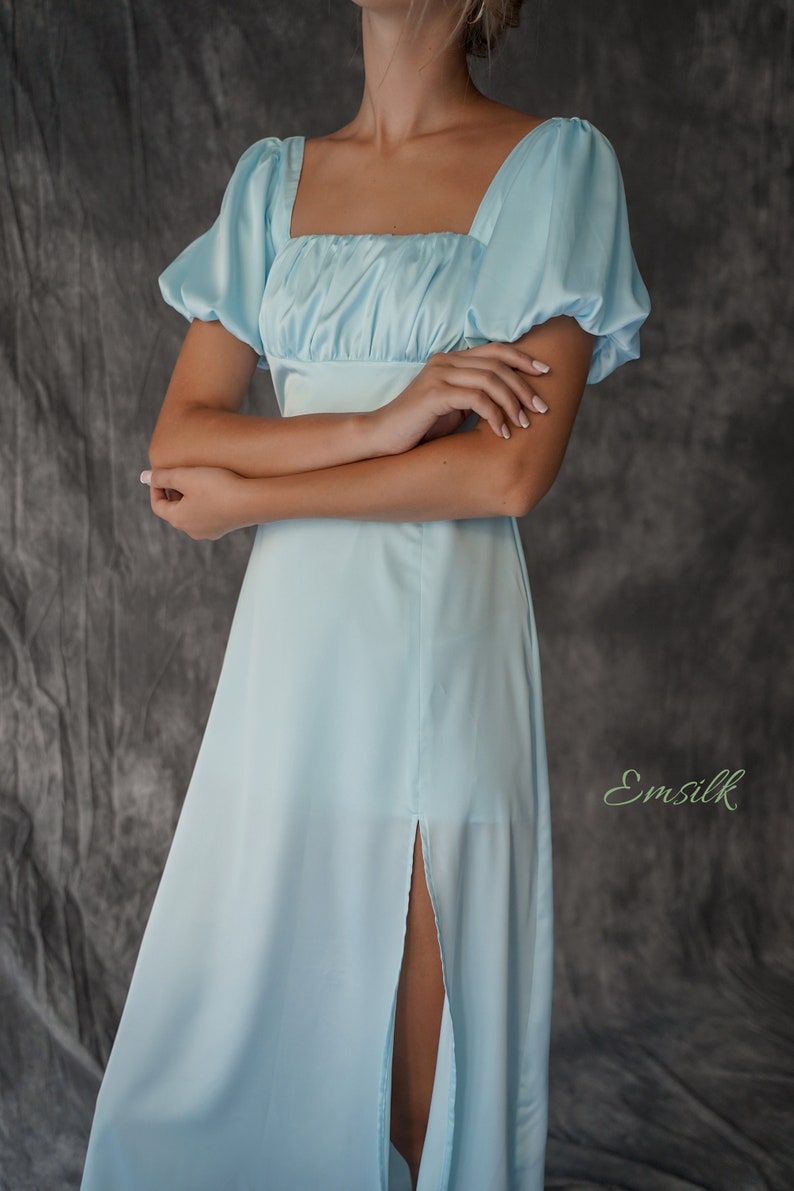 Pale blue puffed sleeves 100% silk dress/flare dress/front slit/bridesmaid dress/midi silk dress/women dress/puffed sleeves detail image 1