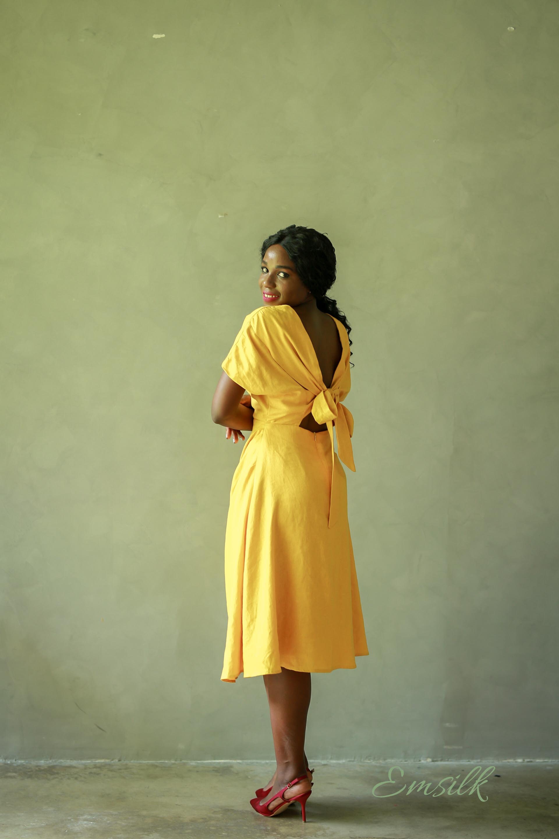 yellow Linen button down midi dress L main image 1