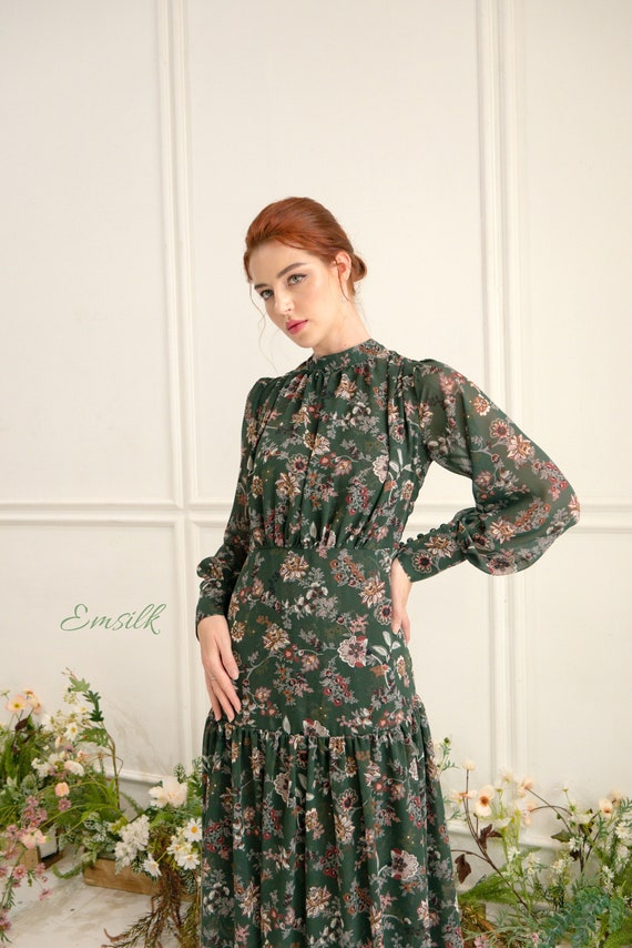 Green Floral Maxi Chiffon Dress/ Puffed Sleeves Chiffon Dress