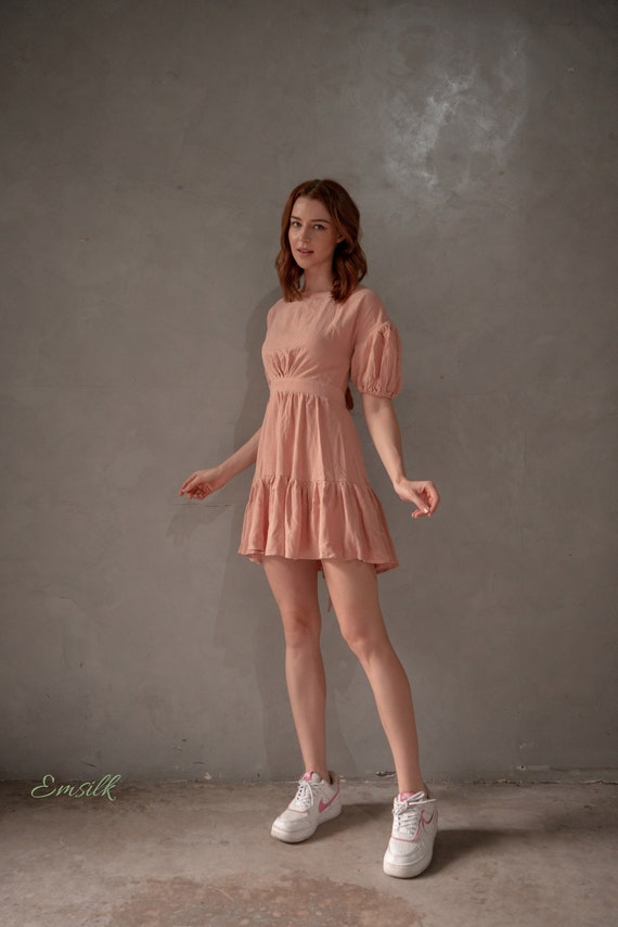 Pale Pink Linen Bamboo Backless Short Dress summer Dress ruffles Dress tea Dress fit and Flare Dress Backless Linen Dress party Dress Etsy Finland