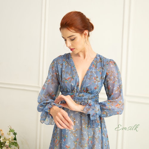 floral chiffon tea dress Stacees Floral Print Tea-Length Mother of the Bride or Groom Dress with Long Bishop Sleeves