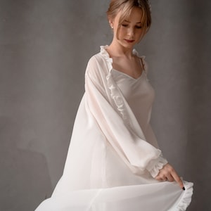 Ivory 100% Pure silk Chiffon Robe/Kimono robe for wedding/Bridal robe/puffed sleeves/long chiffon robe for bride/wedding robe/Real silk robe image 3