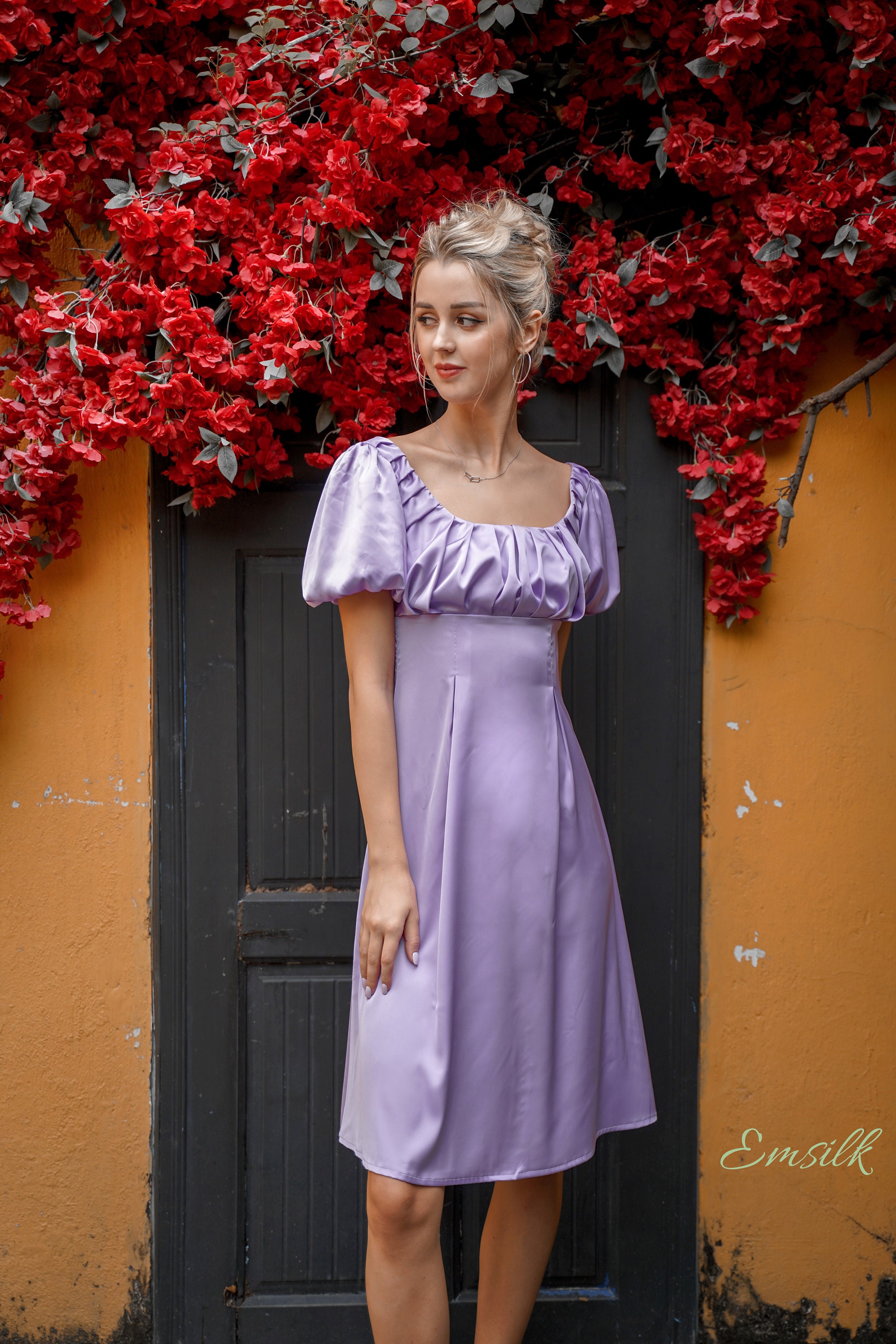 purple puff sleeve dress