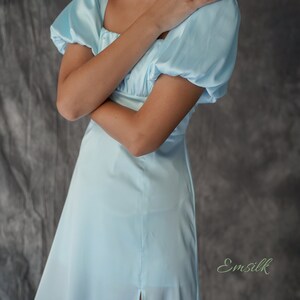 Pale blue puffed sleeves 100% silk dress/flare dress/front slit/bridesmaid dress/midi silk dress/women dress/puffed sleeves detail image 8