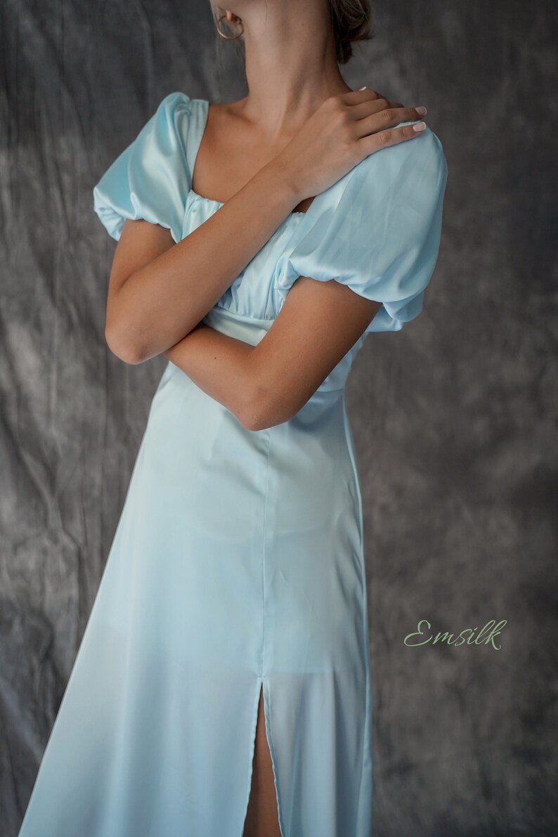 Pale blue puffed sleeves 100% silk dress/flare dress/front slit/bridesmaid dress/midi silk dress/women dress/puffed sleeves detail image 8