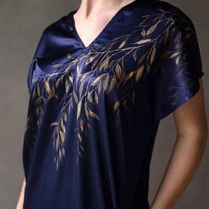 Hand-painted gold paint leaves on navy silk dress/oversized silk dress/women work dress/casual dress/simple women dress/gift for her image 1