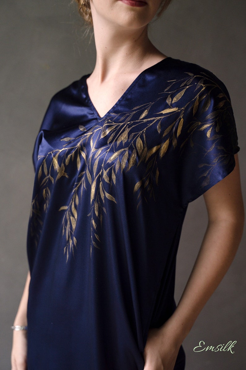 Hand-painted gold paint leaves on navy silk dress/oversized silk dress/women work dress/casual dress/simple women dress/gift for her image 1