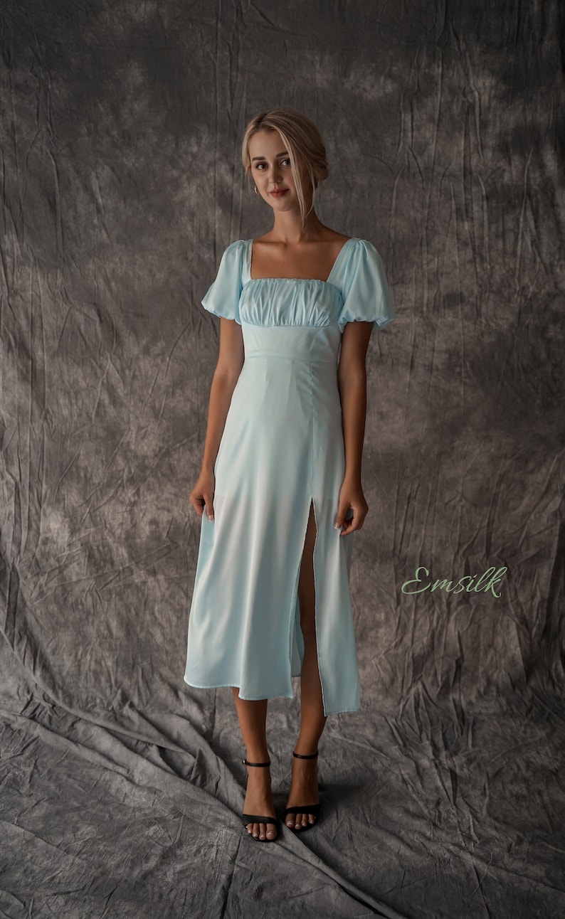 Pale blue puffed sleeves 100% silk dress/flare dress/front slit/bridesmaid dress/midi silk dress/women dress/puffed sleeves detail image 3