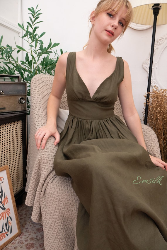 Dark Olive Linen Maxi Dress: Sweetheart Neckline, Backless Summer Dress