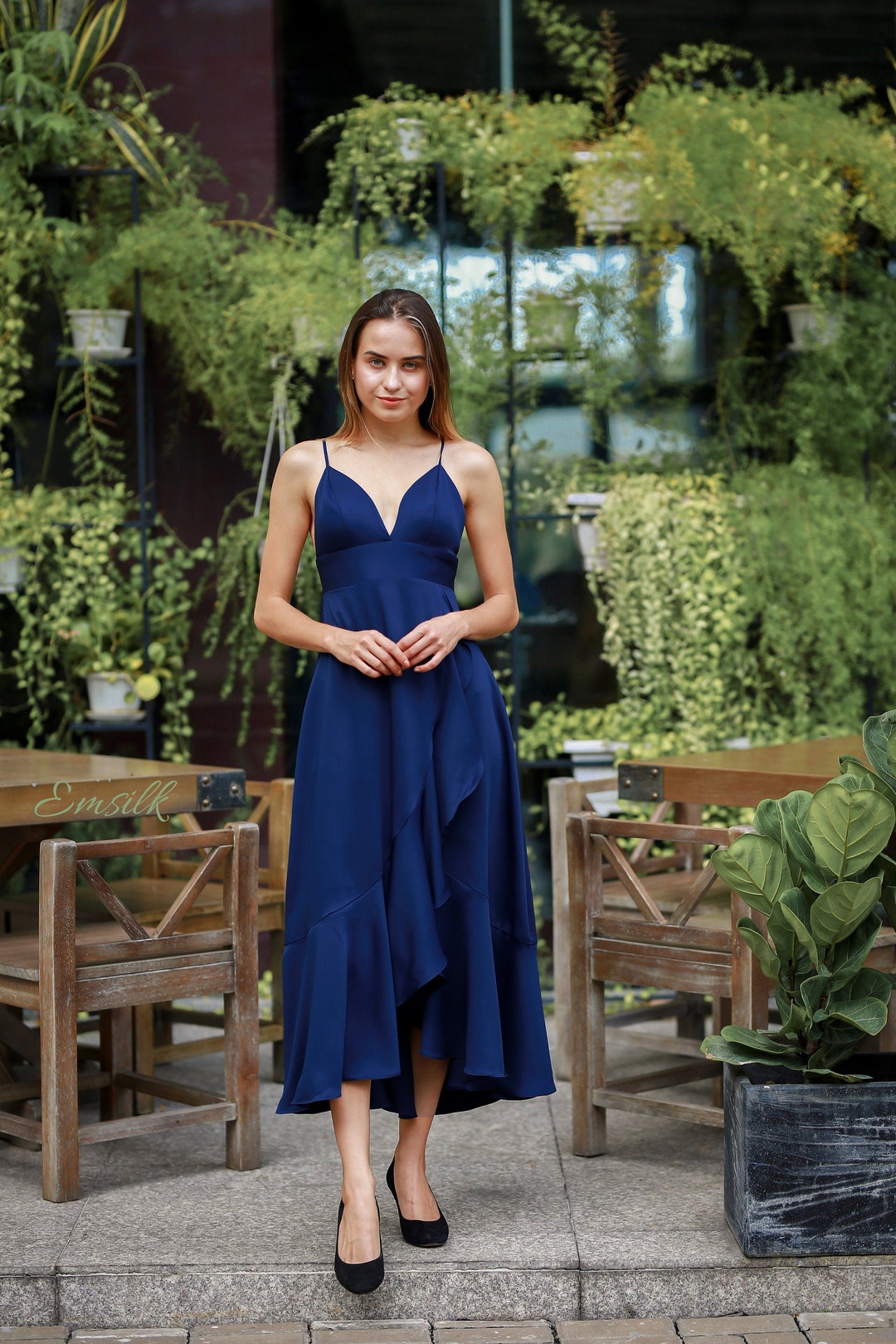 Navy Wrap 100% Silk Dress/women Silk Dress/winter Silk Dress/ruffle ...