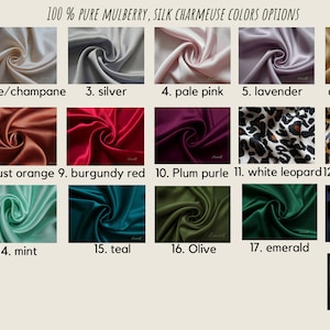 May include: Swatch card displaying 19 different colours of 100% pure mulberry silk charmeuse fabric. The colours include ivory, beige, silver, pale pink, lavender, gold yellow, coral orange, rust orange, burgundy red, plum purple, white leopard, gold leopard, pale blue, mint, teal, olive, emerald, navy, and black.