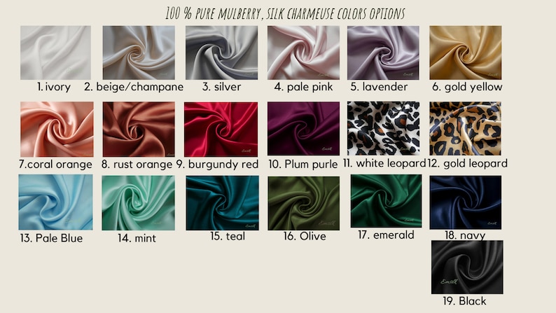 May include: Swatch card displaying 19 different colours of 100% pure mulberry silk charmeuse fabric. The colours include ivory, beige, silver, pale pink, lavender, gold yellow, coral orange, rust orange, burgundy red, plum purple, white leopard, gold leopard, pale blue, mint, teal, olive, emerald, navy, and black.