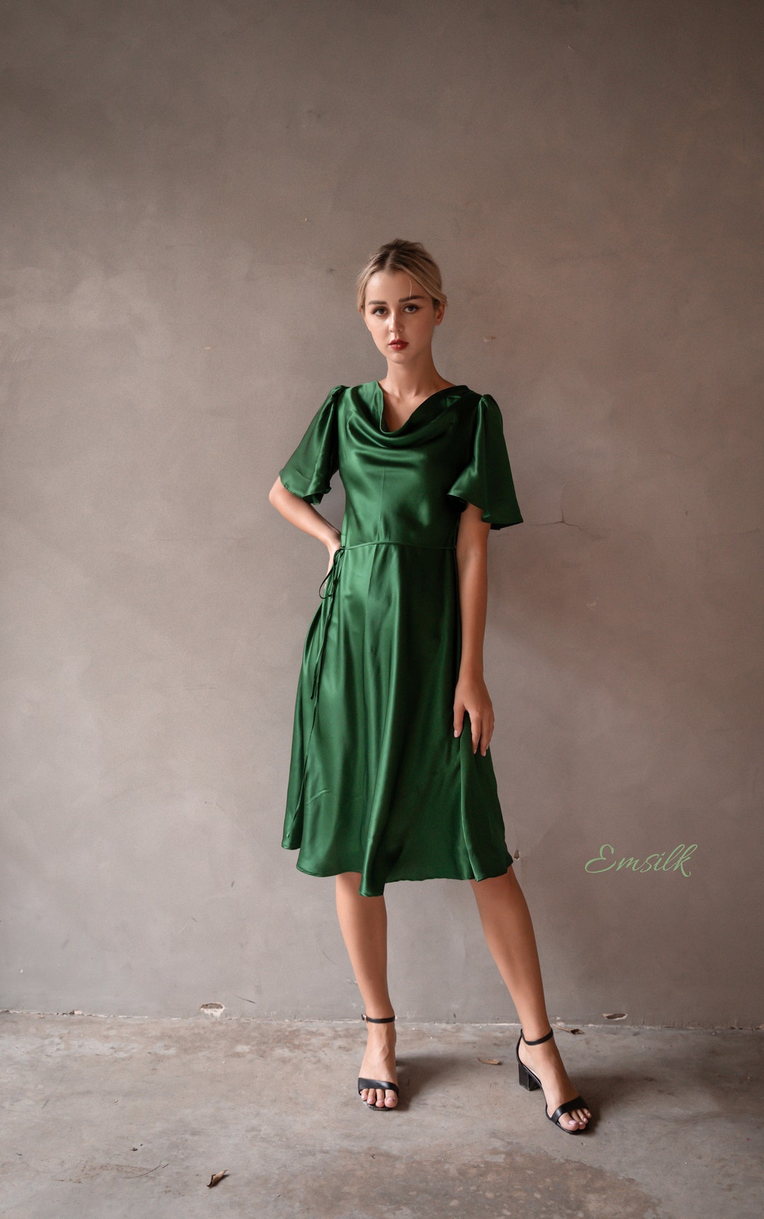 100% Pure Silk Women Casual Dress/ Bias Cut Emerald Green 100% Pure Silk Women Casual Dress/ Bias Cut Emerald Green