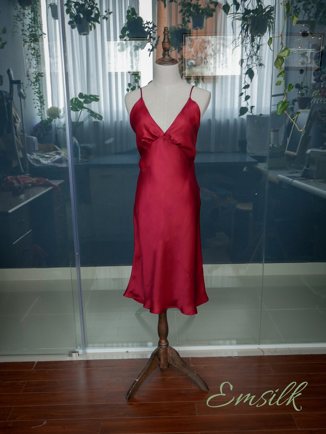 Burgundy red silk slip dress/100 pure mulberry silk/Deep V Etsy