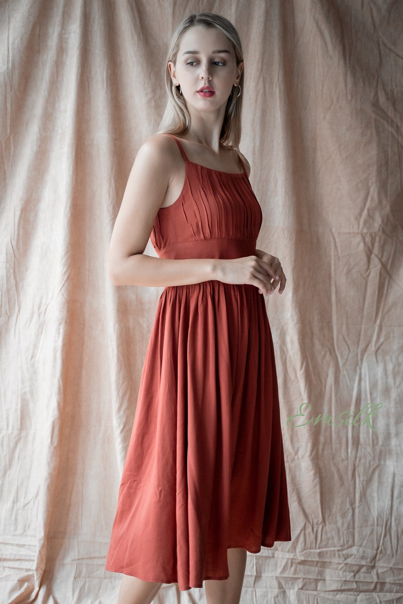 Rust Orange pleated Linen dress /linen summer dress/ Washed and soft linen dress/Apron style dress/Linen Tea dress/copper linen dress image 5