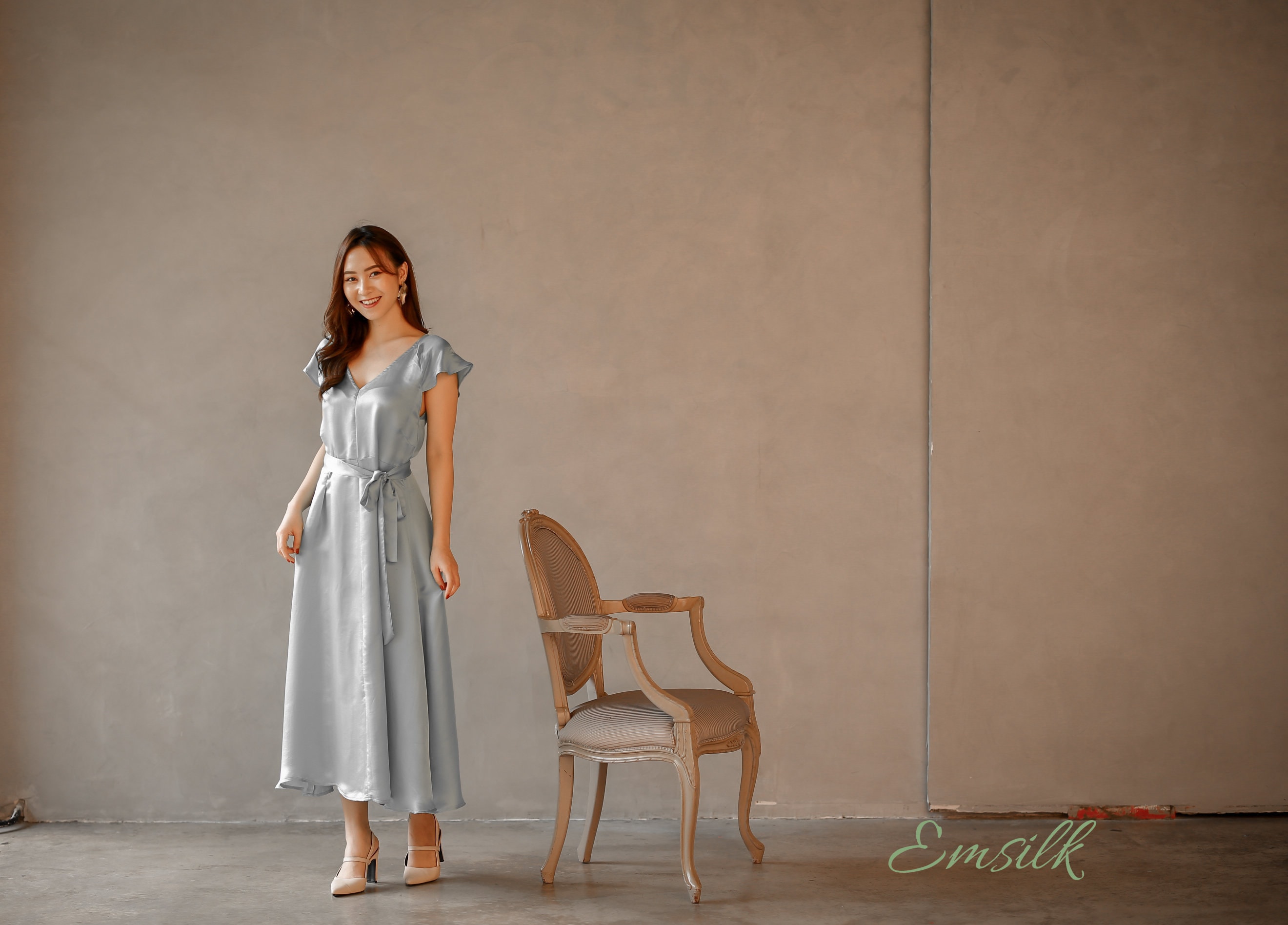 Silver Silk Tea Dress: Handmade Deep V-Neck Bridesmaid Dress