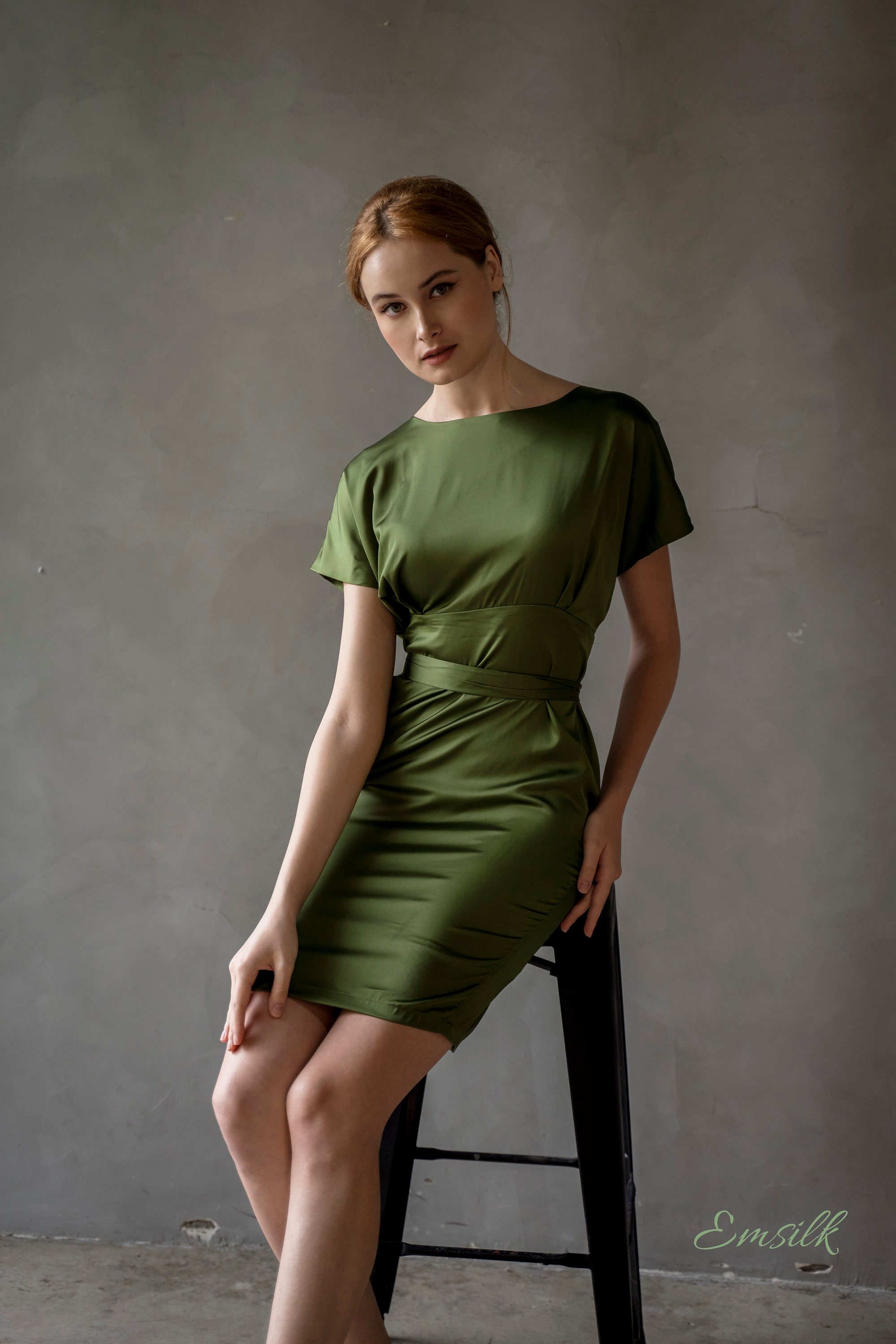 Olive Green Silk Dress/luxury 100% Pure ...