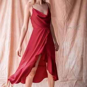 Burgundy cowl neck ruffle 100% silk dress/women silk dress/ruffle silk dress/ruffles detail/cowl neckline/women party dress/bridesmaid dress
