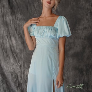 Pale blue puffed sleeves 100% silk dress/flare dress/front slit/bridesmaid dress/midi silk dress/women dress/puffed sleeves detail image 2