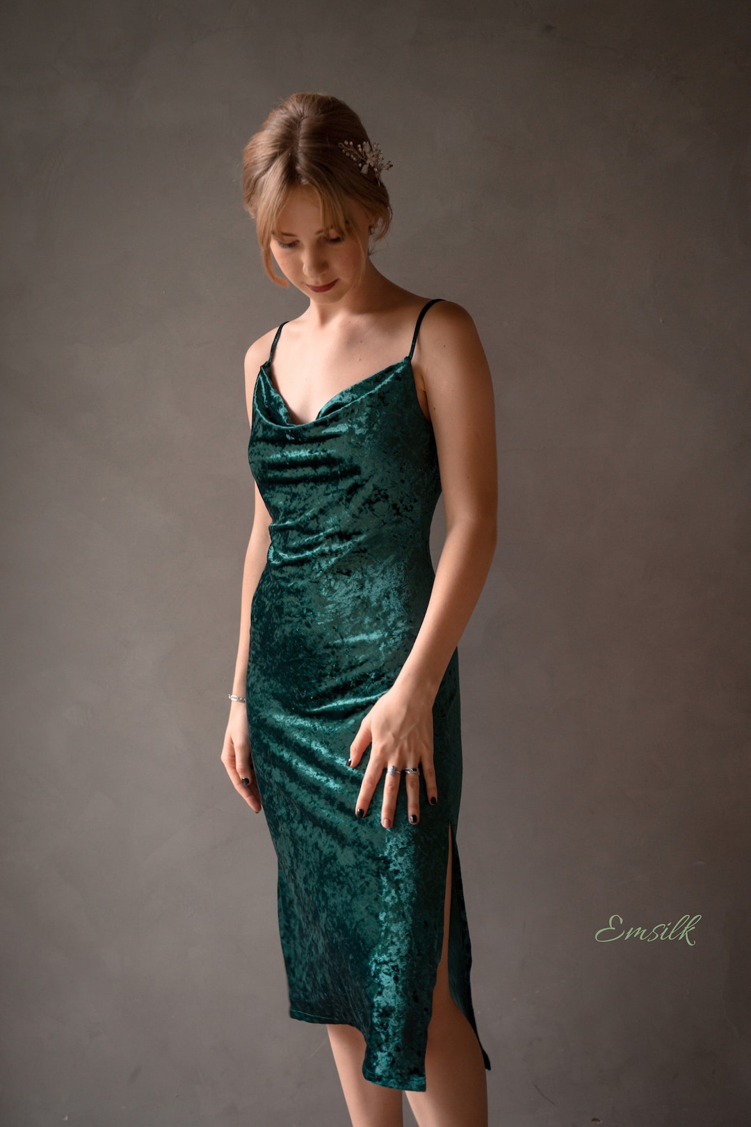 Emerald Green Velvet Slip Dress: Cowl Neck, Backless, Side Slit