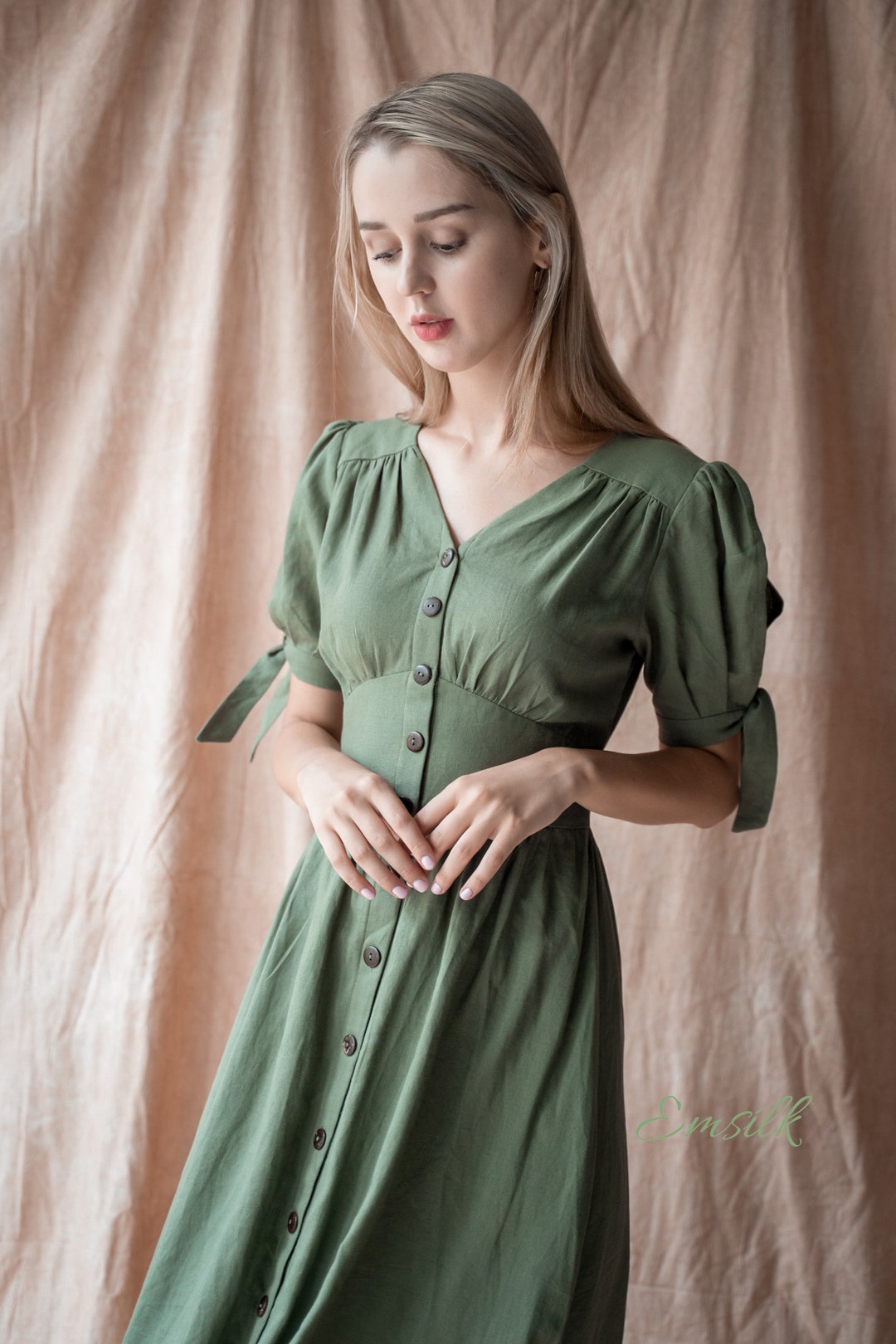 Olive Green Linen Midi Dress, Puffed Sleeves Button Front