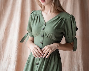 Olive green Midi  Linen dress with front buttons /Pleated on the waist/ linen summer dress/ puffed detail sleeves/Linen Tea dress