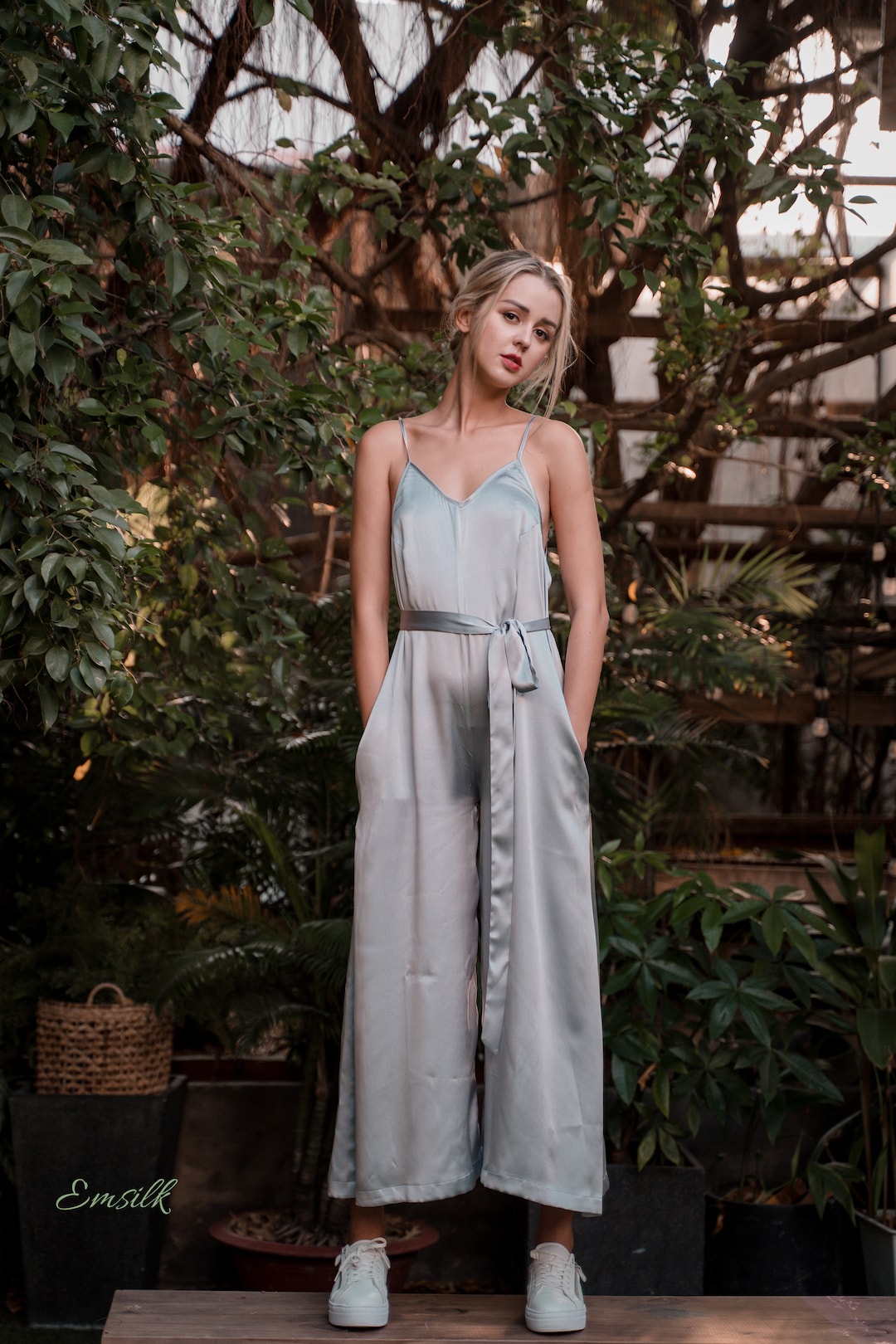 Silver 100% Pure Silk Jumpsuit/wedding Jumpsuit/wide Leg Jumpsuit/side