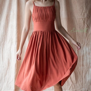 Rust Orange pleated Linen dress /linen summer dress/ Washed and soft linen dress/Apron style dress/Linen Tea dress/copper linen dress image 7