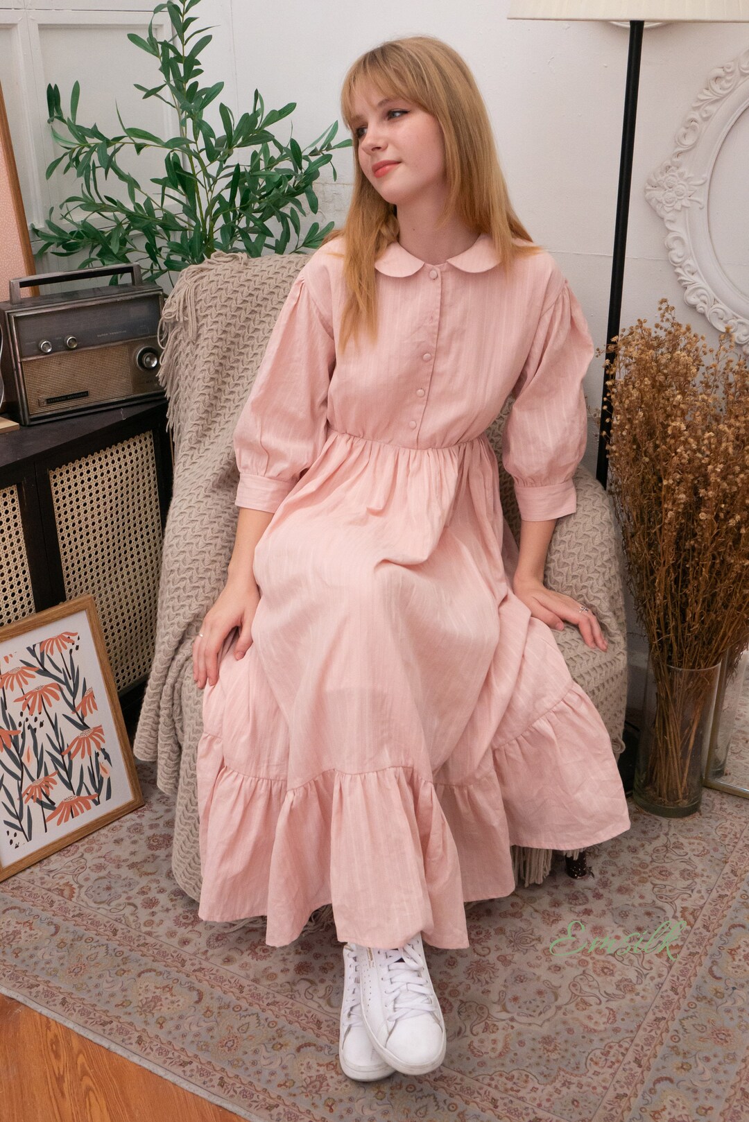 Embroidered Cotton Summer Dress: Oversized Ruffle Hem, Puffed Sleeves