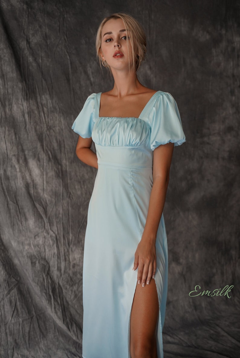 Pale blue puffed sleeves 100% silk dress/flare dress/front slit/bridesmaid dress/midi silk dress/women dress/puffed sleeves detail image 5