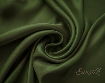 Dark olive green 100 % Charmeuse pure mulberry silk fabric by the yard/Green Satin silk/ 19mm silk/premium silk/natural silk/green silk