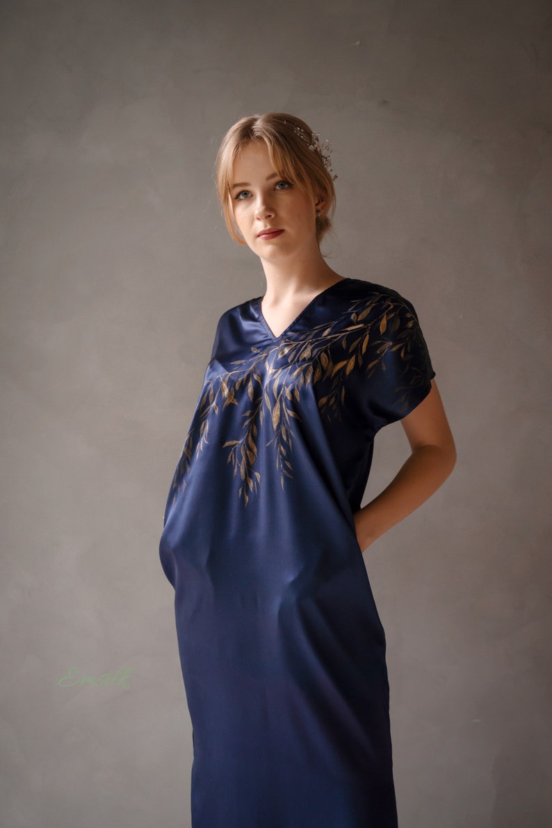 Hand-painted gold paint leaves on navy silk dress/oversized silk dress/women work dress/casual dress/simple women dress/gift for her image 6