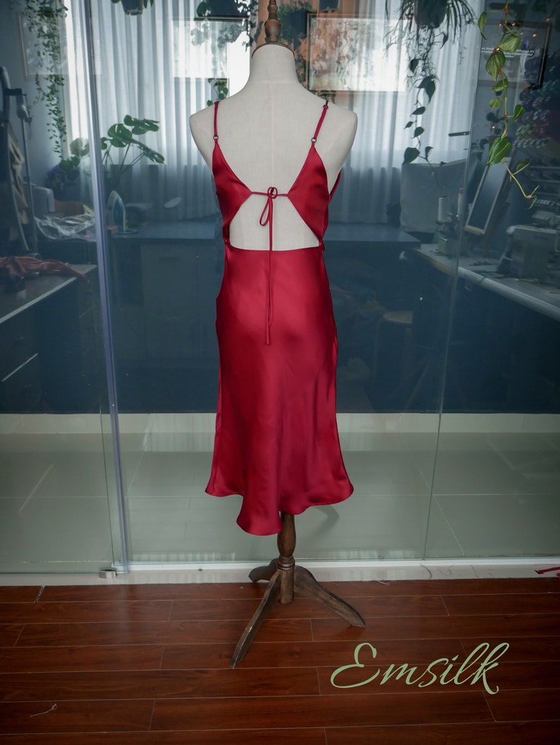Burgundy red silk slip dress/100 pure mulberry silk/Deep V Etsy